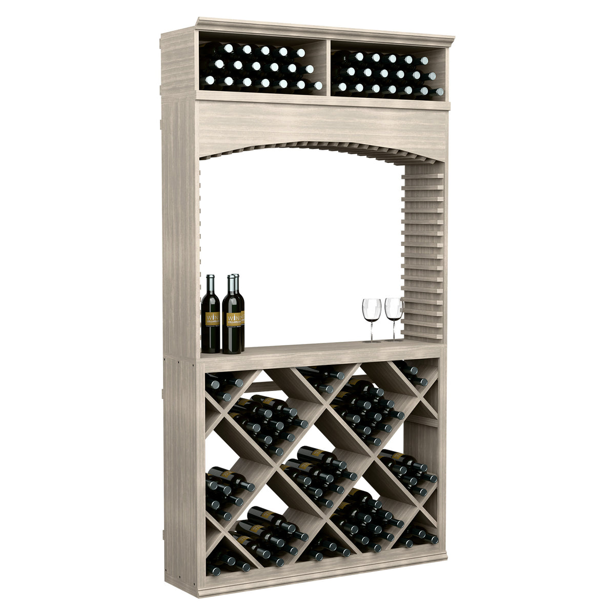 Wine tasting station with archway, diamond bin racks, bottle slots, and two drawers on top.