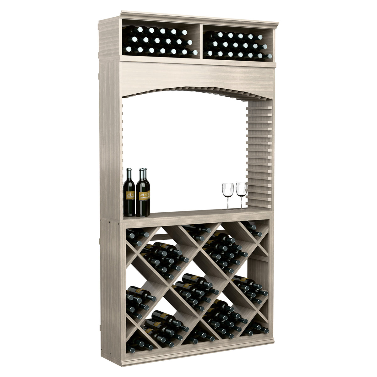 Gray wooden wine tasting station with archway, diamond bin racks, bottles, and stemware glass.