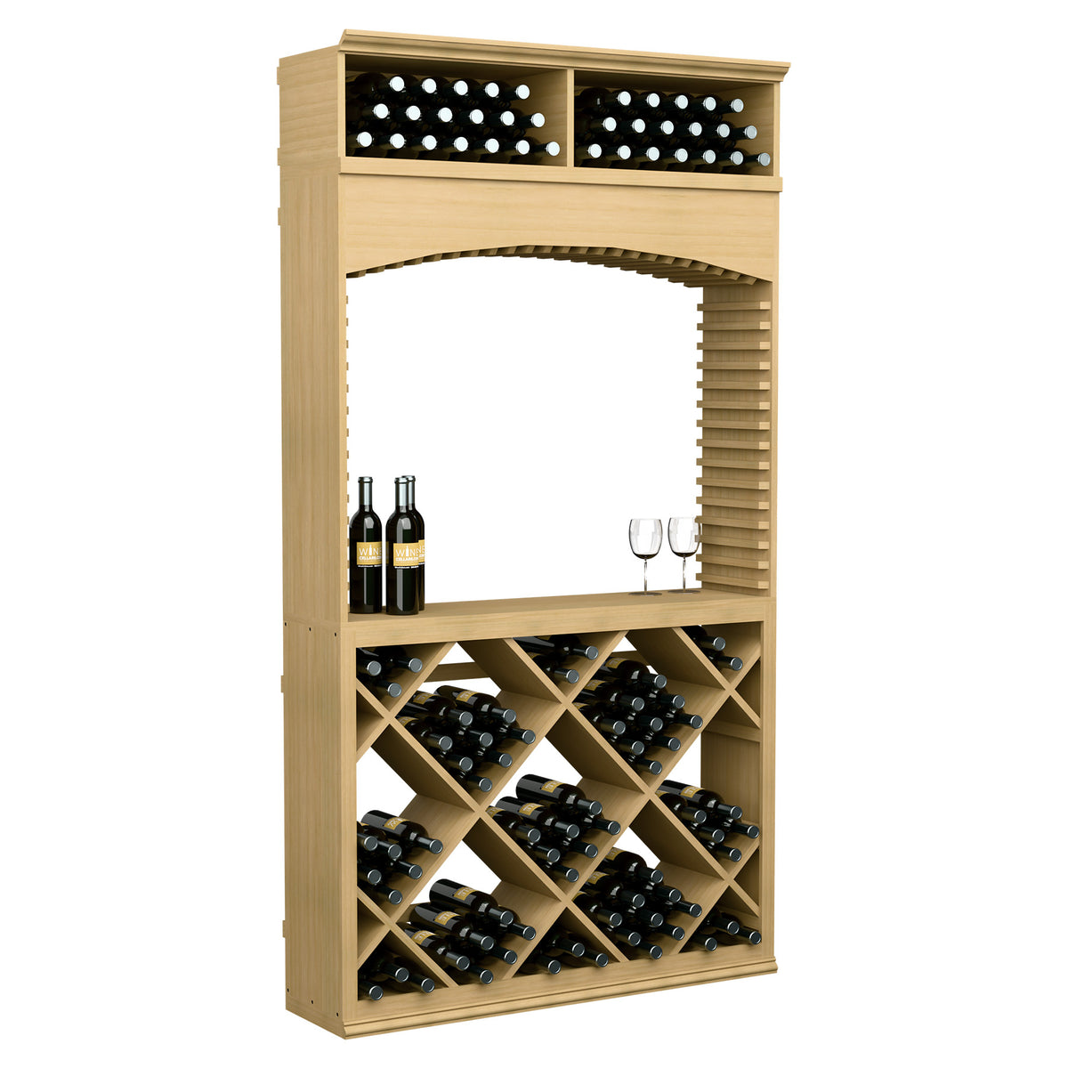 Light wood wine tasting station with archway, diamond bin wine racks, bottle slots, and glass.