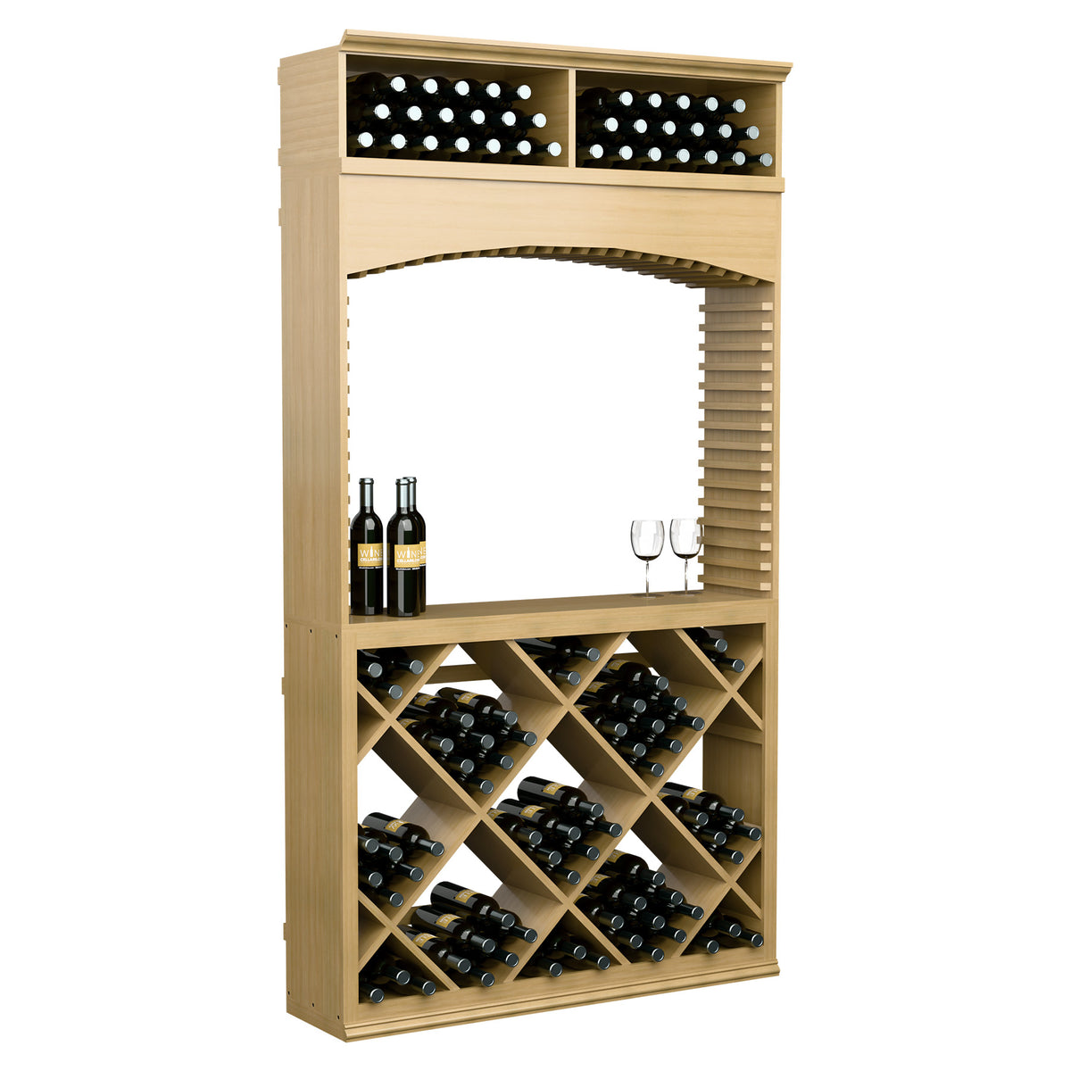 Wood wine tasting station with archway opening, diamond bin wine racks, bottles, and two glasses.