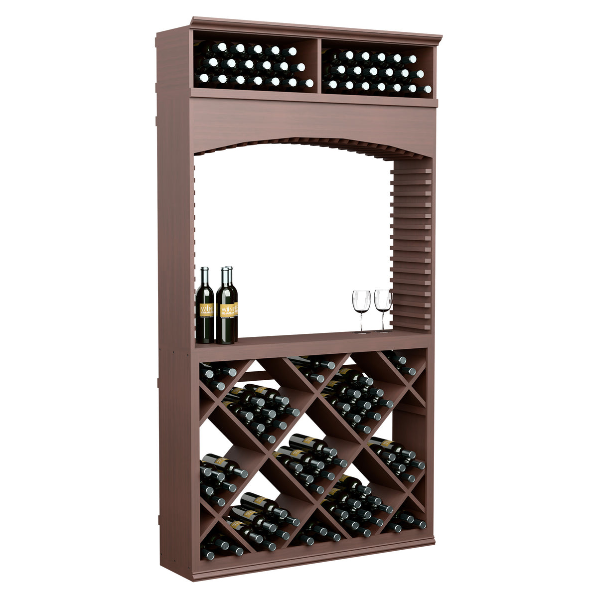 Dark wood wine tasting station with archway, diamond bin wine racks, bottle slots, and stemware.