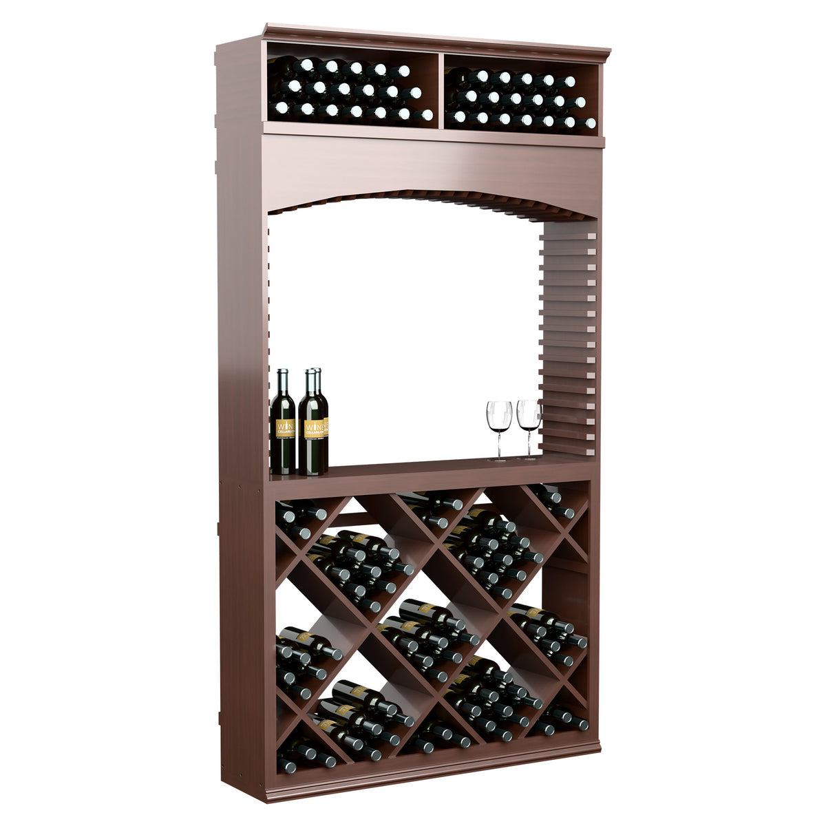 Espresso-toned wine tasting station with archway, diamond bin racks, bottles, and glassware.