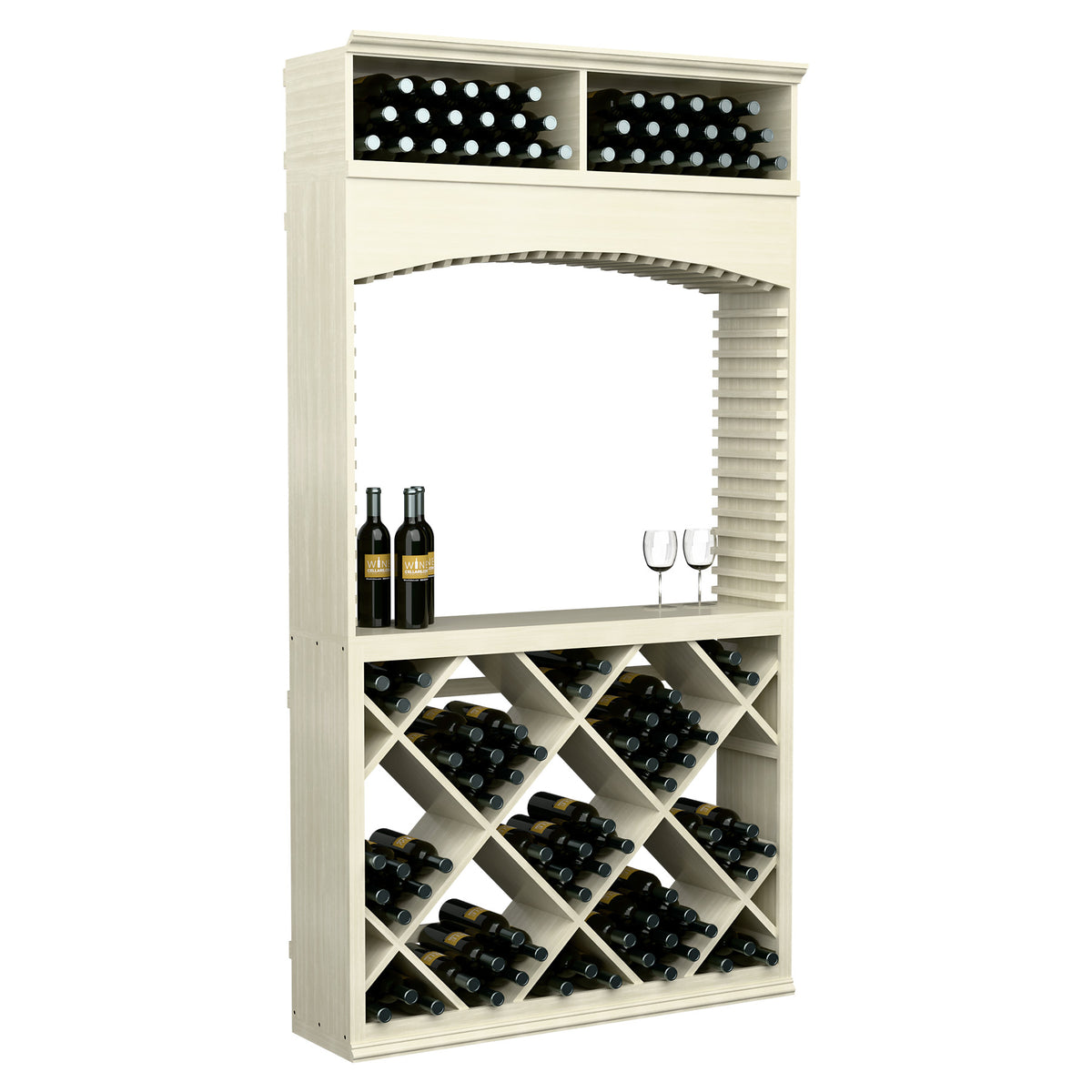 White wooden wine tasting station with archway, diamond bin racks, bottles, and two stemware glasses.