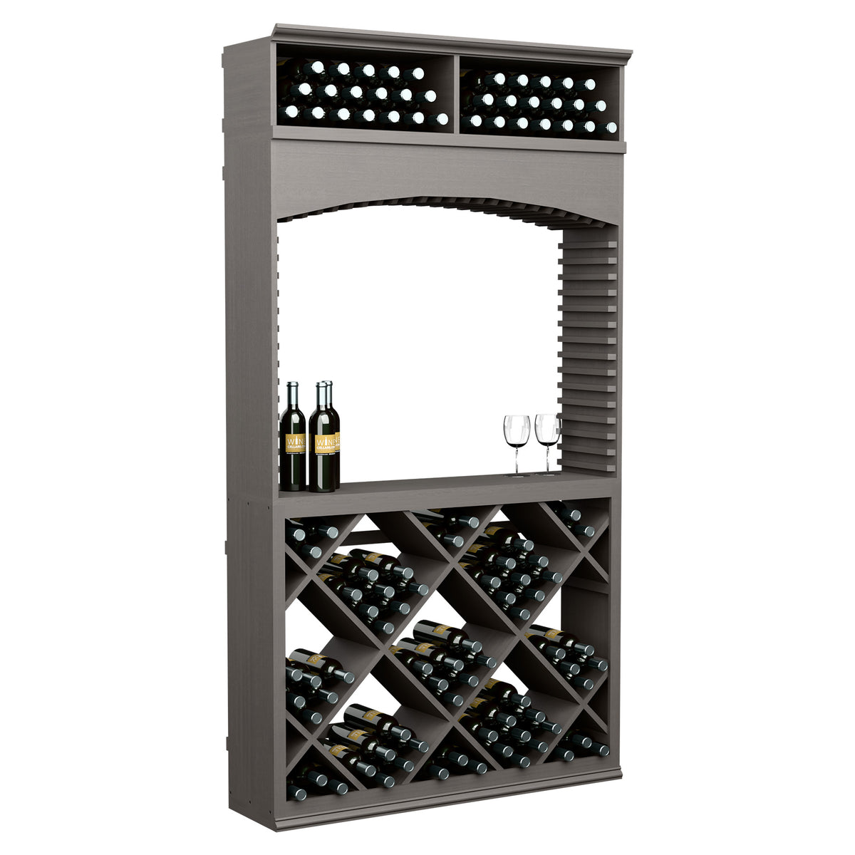 7ft wine tasting station with archway, wine bottle racks and top storage bins, dark gray
