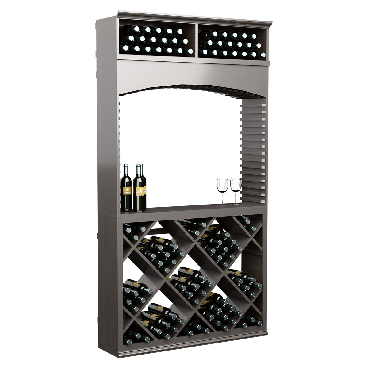 7ft wine tasting station with archway; wine bottle racks and glass on ledge, dark gray