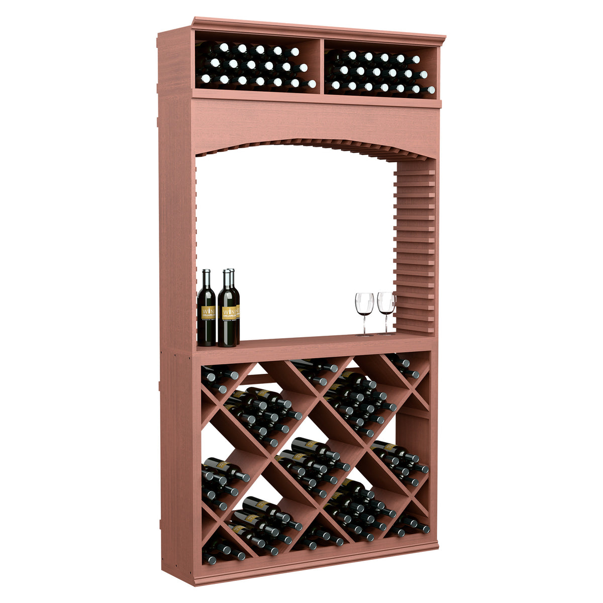 7ft wine tasting station with archway and crisscross wine racks, reddish-brown finish