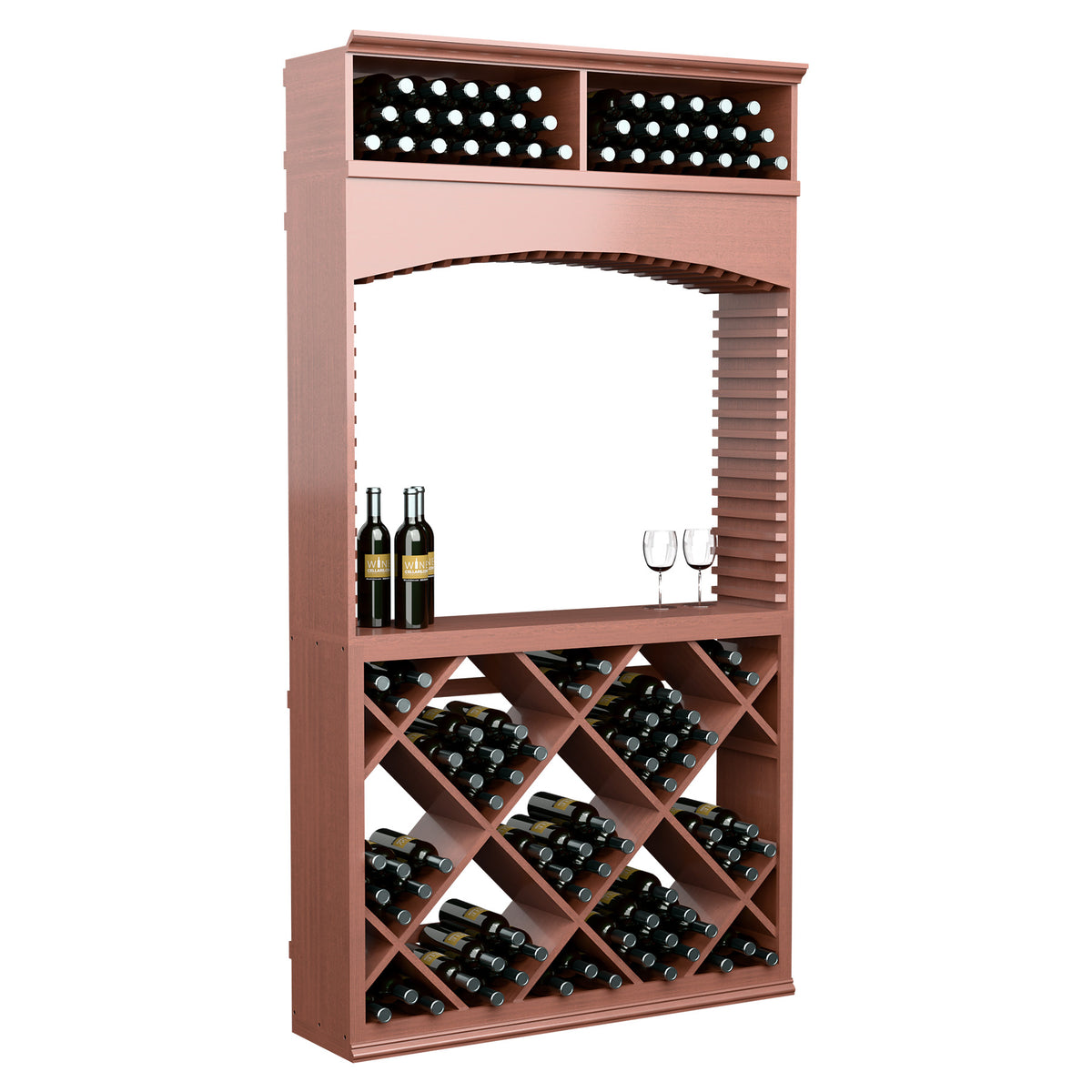 7ft wine tasting station with archway; wine bottle racks and top storage bins, reddish-brown