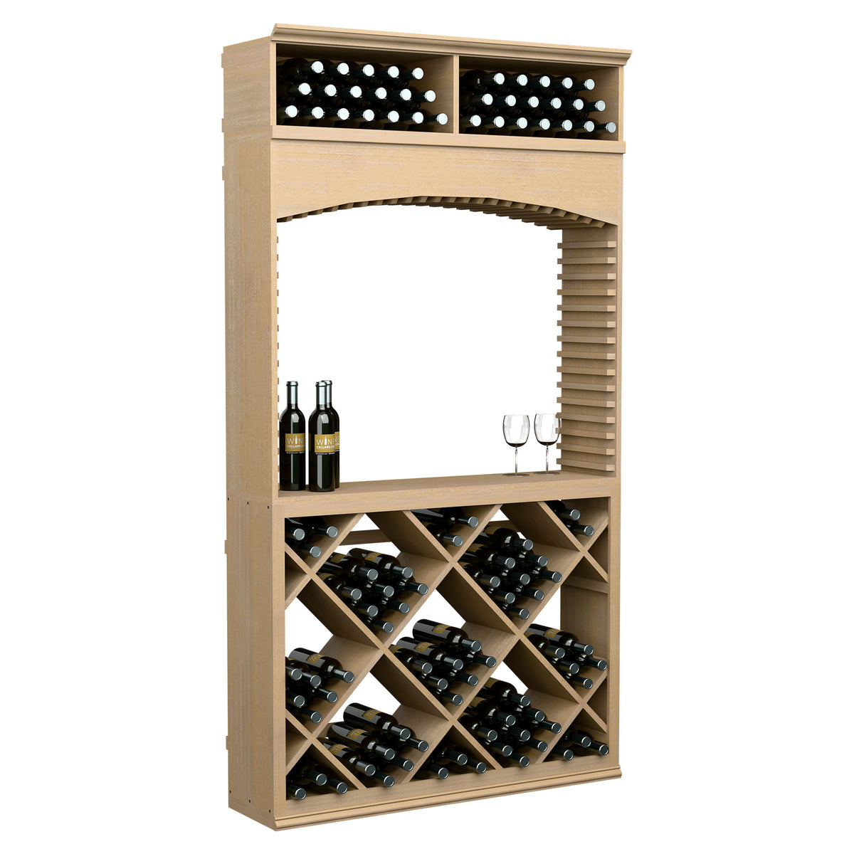 7ft wine tasting station with archway and crisscross wine bottle rack, light wood finish