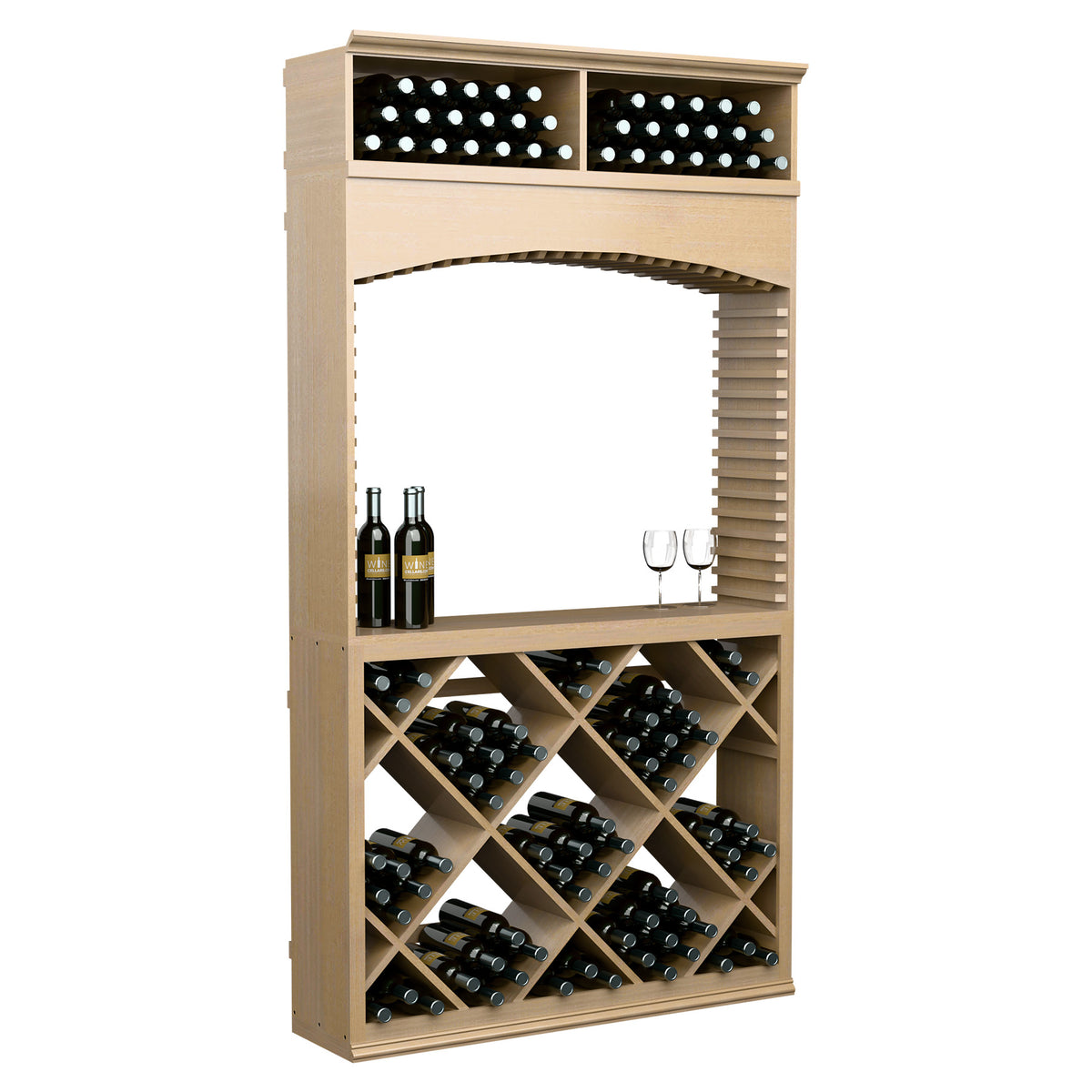 7ft wine tasting station with archway; top storage bins and bottle racks, light wood finish