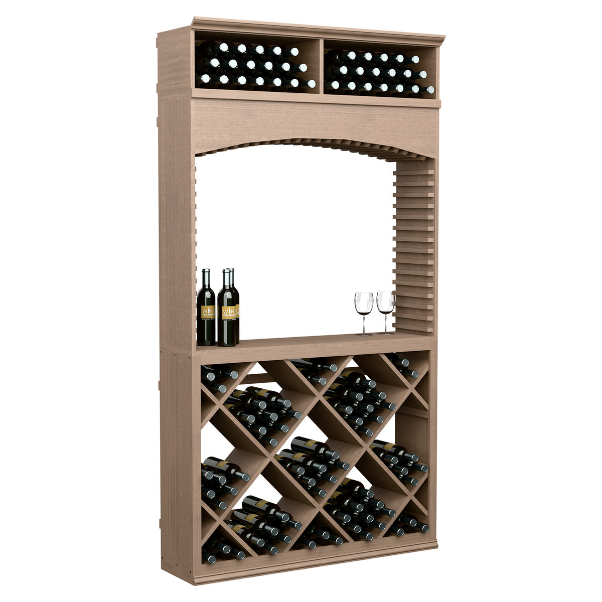 7ft wine tasting station with archway and diagonal wine racks, medium brown finish