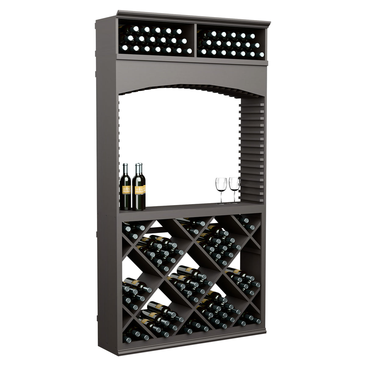 7ft wine tasting station with archway, diagonal wine racks and top bins, dark gray finish