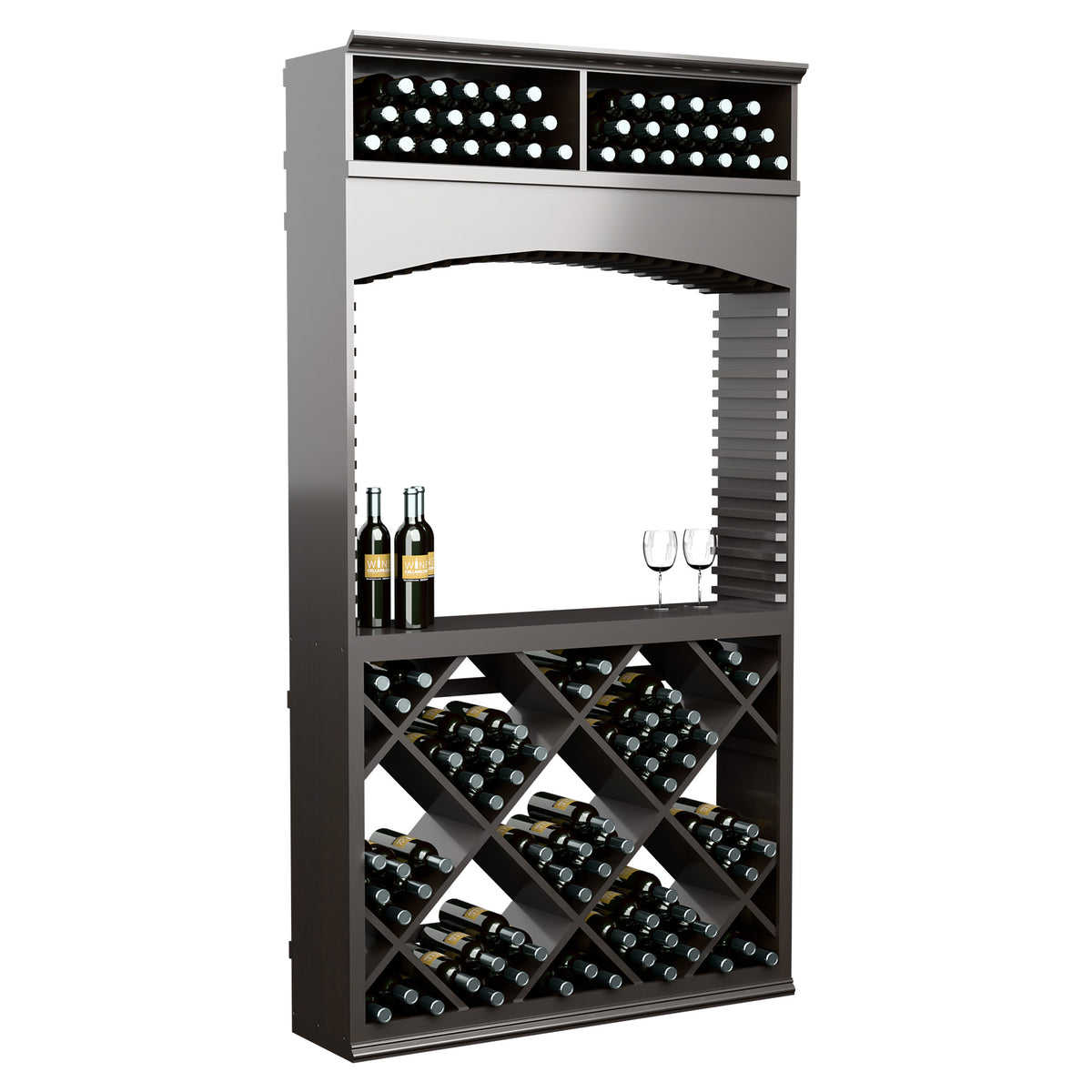7ft wine tasting station with archway; wine bottle racks and top storage bins, dark gray