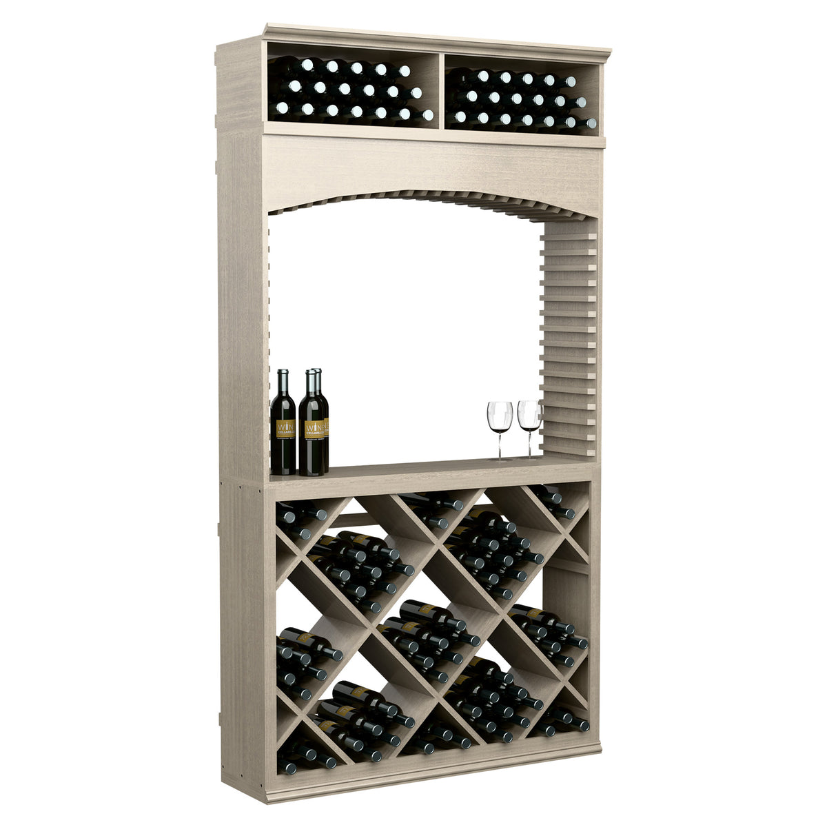 Cool gray wine tasting station with arched front, upper bottle holders, and diagonal wine racks.