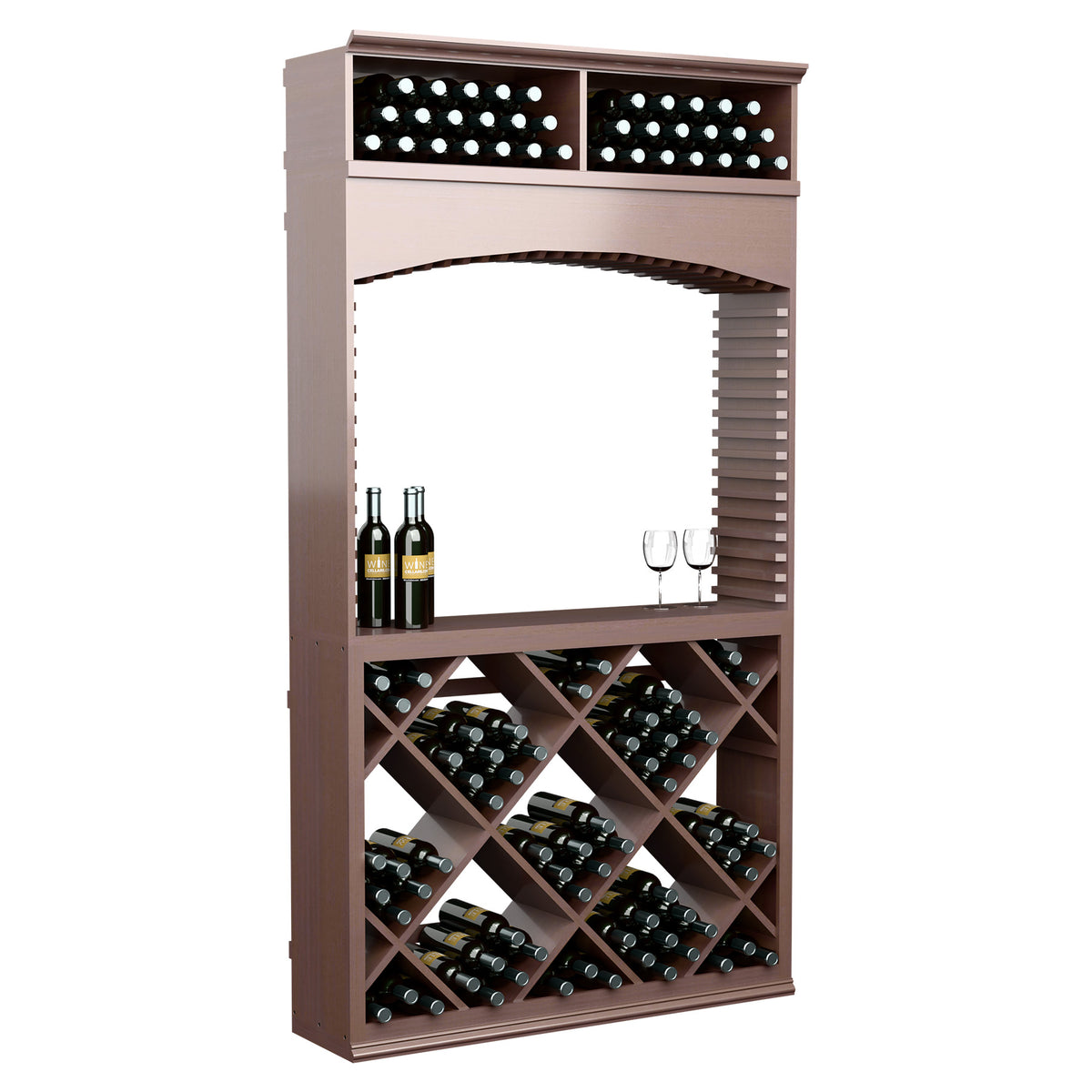 Deep brown wine tasting station with arched opening, upper bottle slots, and crisscross wine storage.