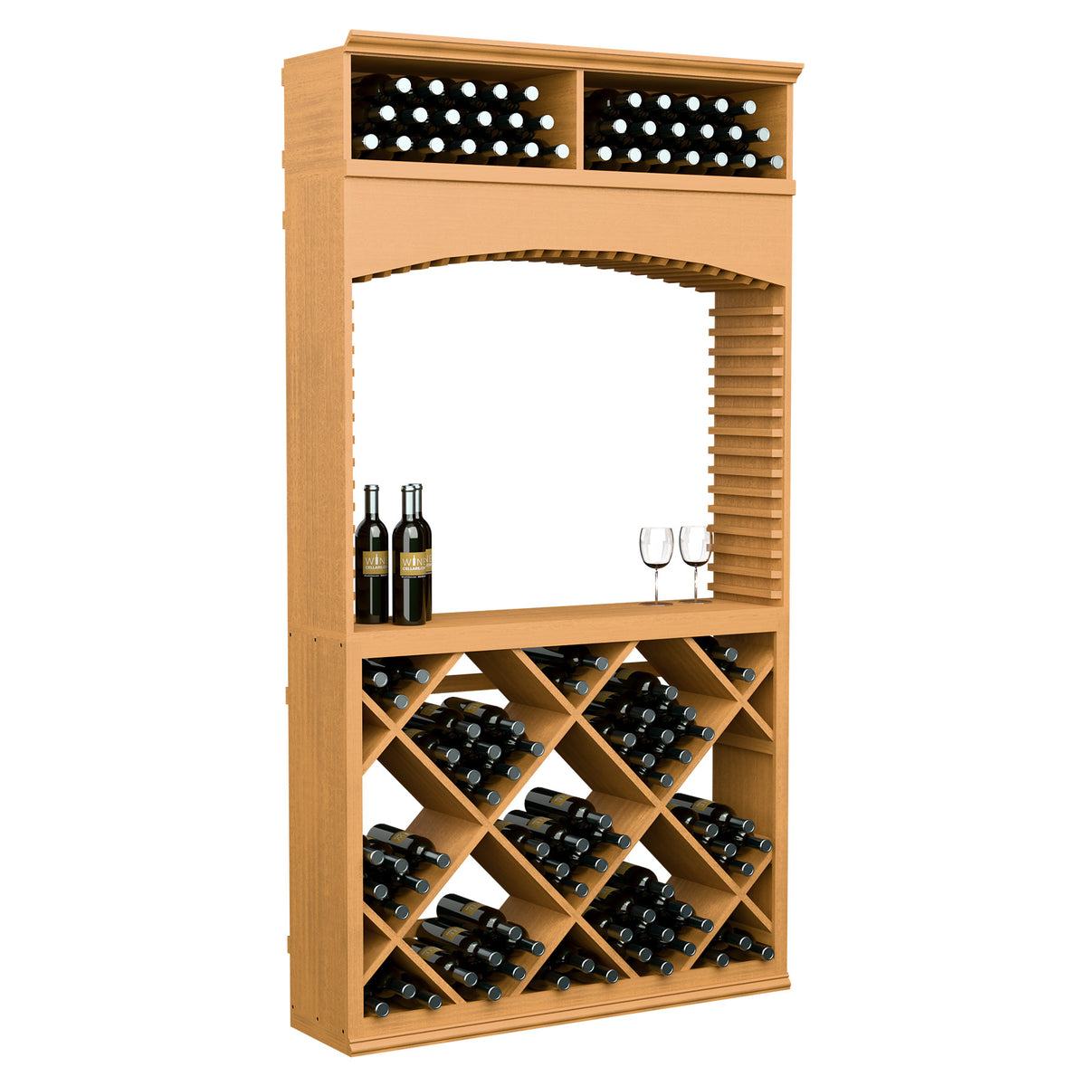 Medium wood wine tasting station with arched opening, two top bottle rows, and diagonal wine racks.
