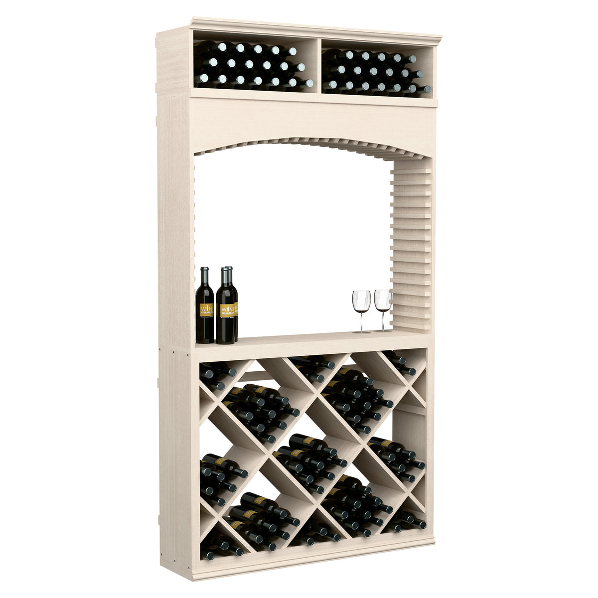 Whitewashed gray wine tasting station with arched opening, top bottle rows, and diagonal wine bin.
