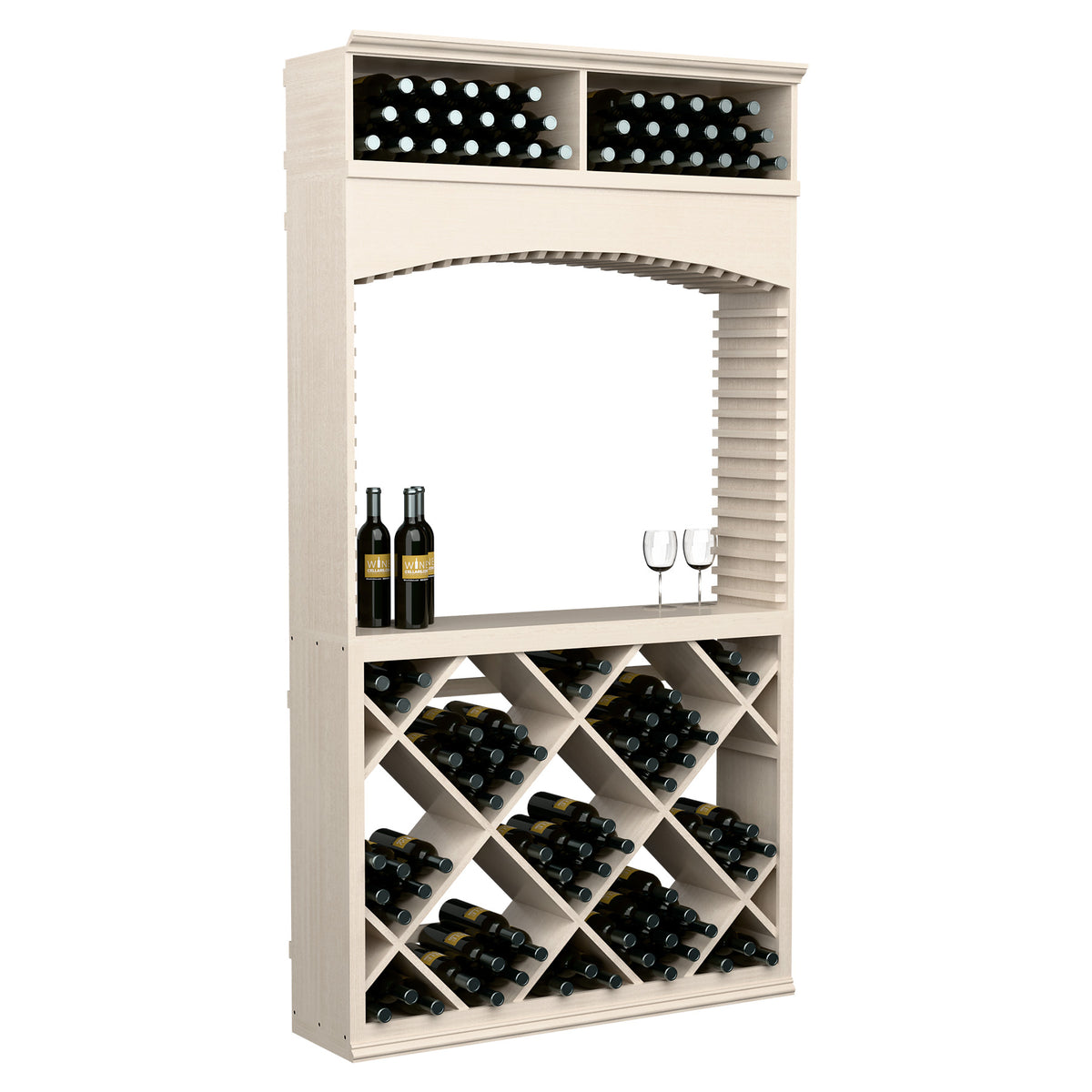 Whitewashed gray wine tasting station with arched front, upper bottle display, and crisscross wine racks.