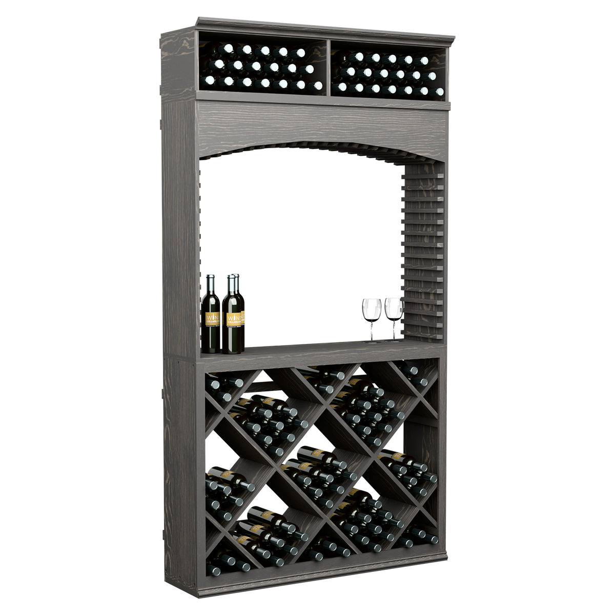 Wine tasting station with archway, dark grey wood, bottle racks, and stemware display
