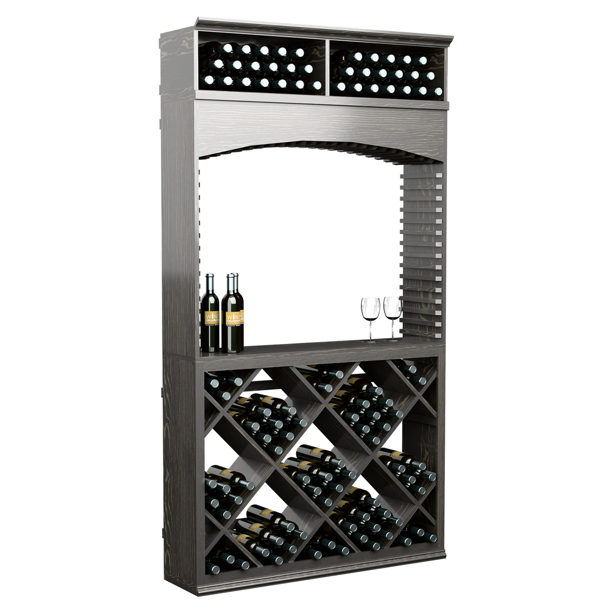 Wine tasting station with archway, dark grey wood, front crisscross wine rack shelves