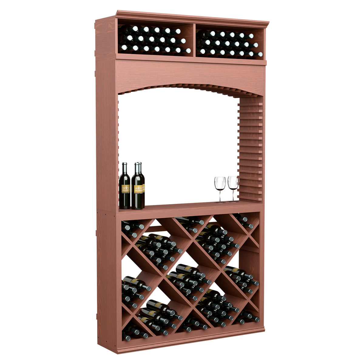 Wine tasting station with archway, reddish wood, crisscross bottle rack and wine glass