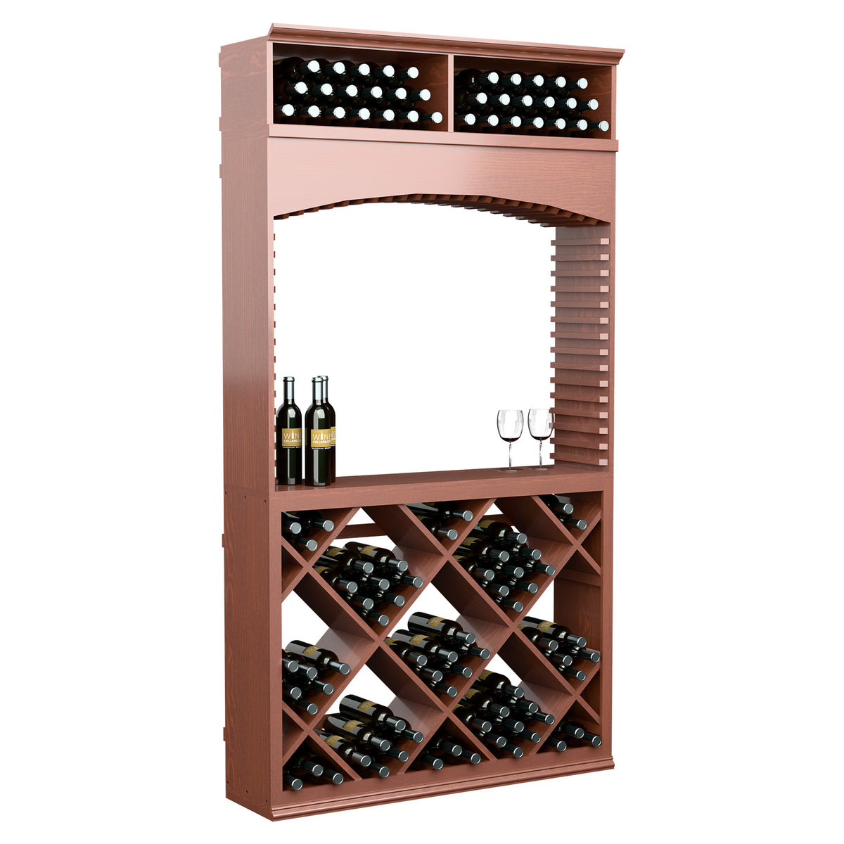 Wine tasting station with archway, reddish-brown wood, bottle storage with glass and bottles