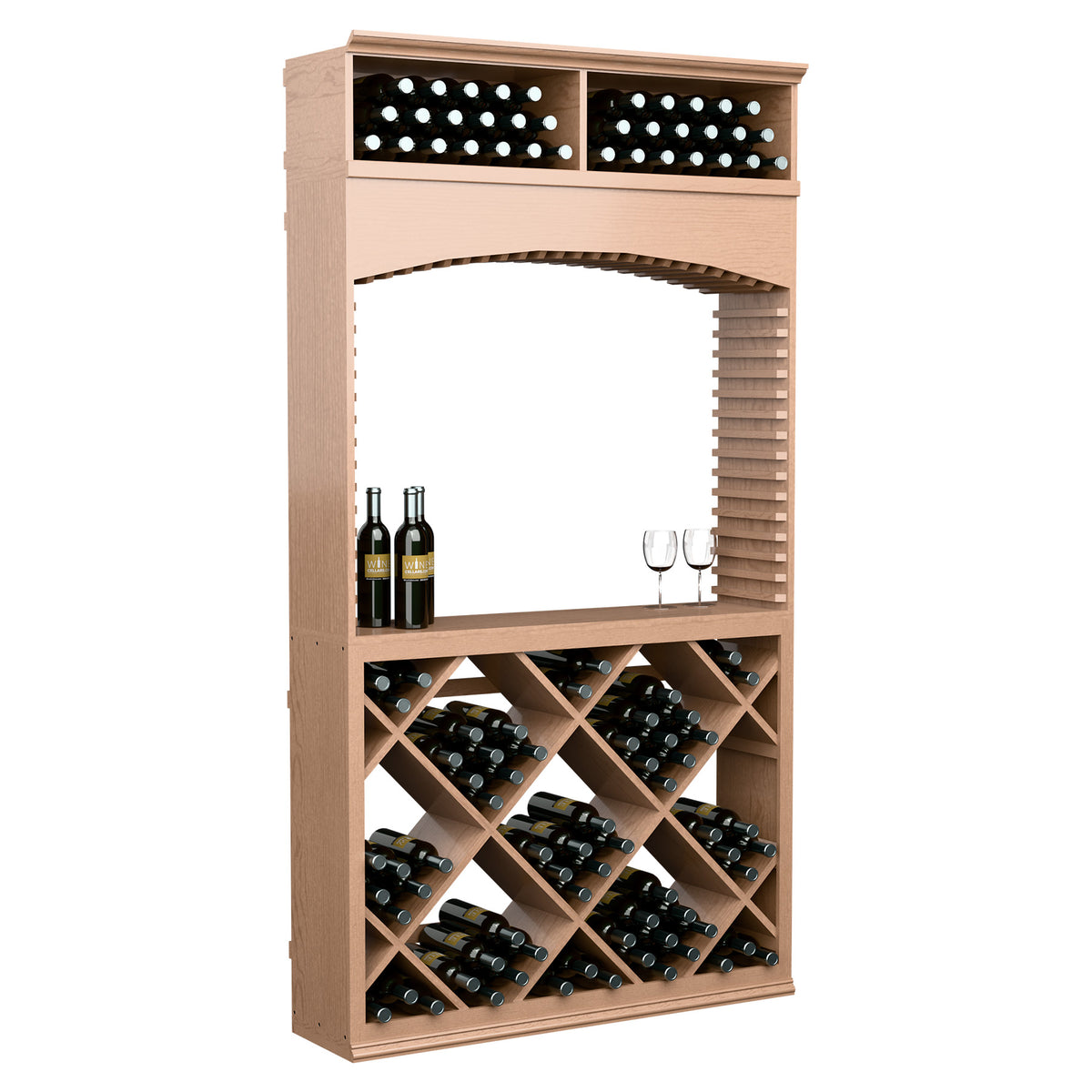 Wine tasting station with archway, light reddish wood, top bottle panel and crisscross rack