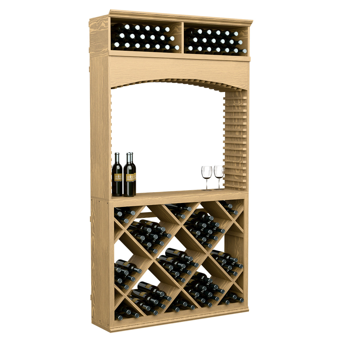 Wine tasting station with archway, natural light wood, top bottle display and front wine rack