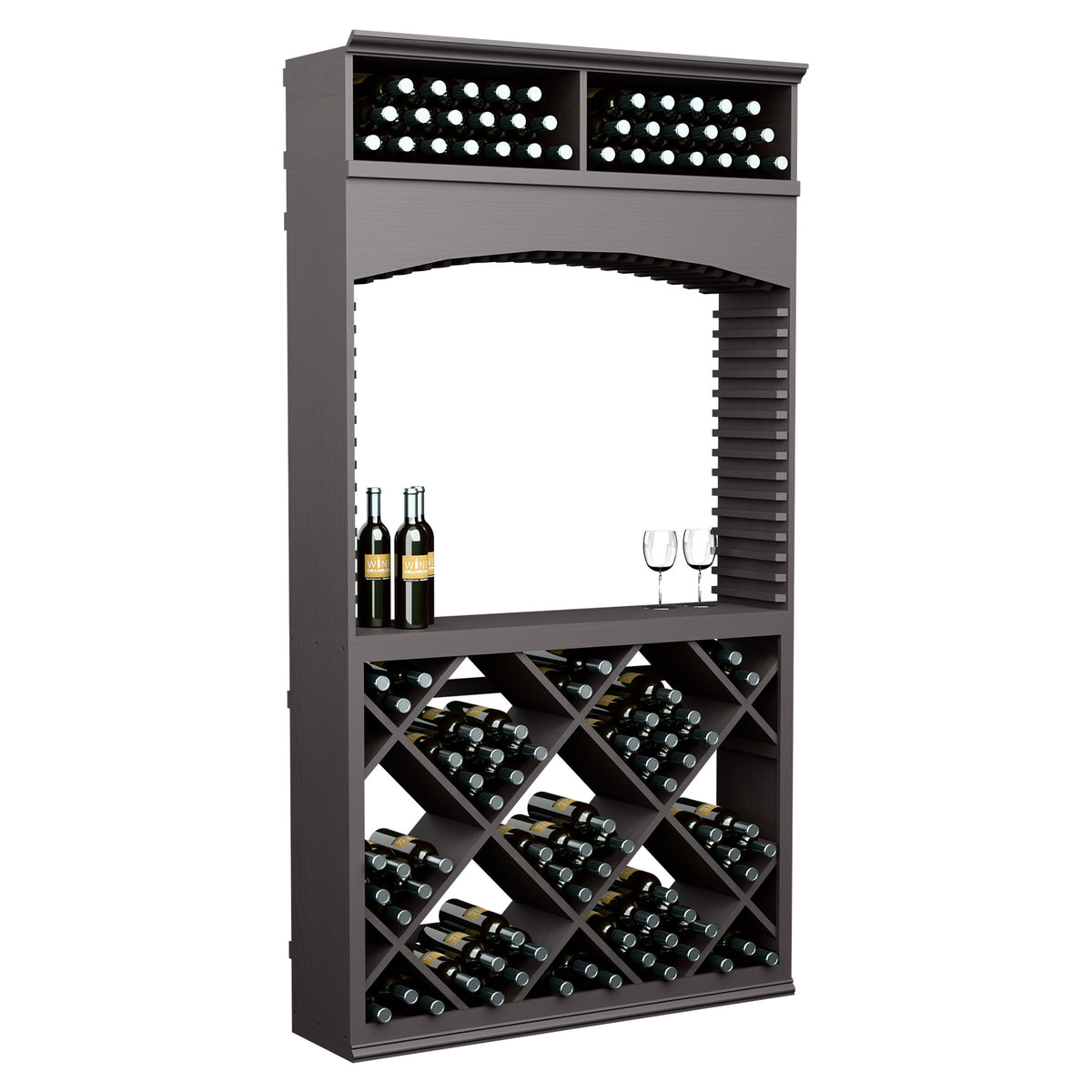 Wine tasting station with archway, dark grey-black wood, bottle racks and stemware area