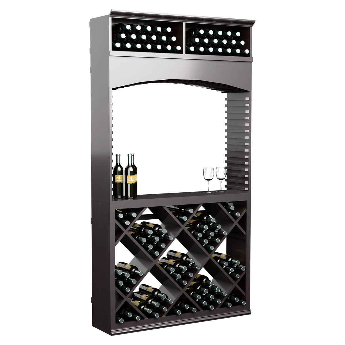 Wine tasting station with archway, dark charcoal wood, top bottle panel and crisscross rack