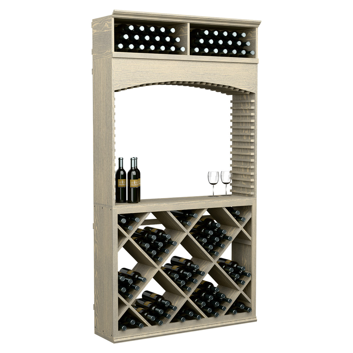 Wood wine tasting station with arched opening, top bottle display, and diagonal wine racks.