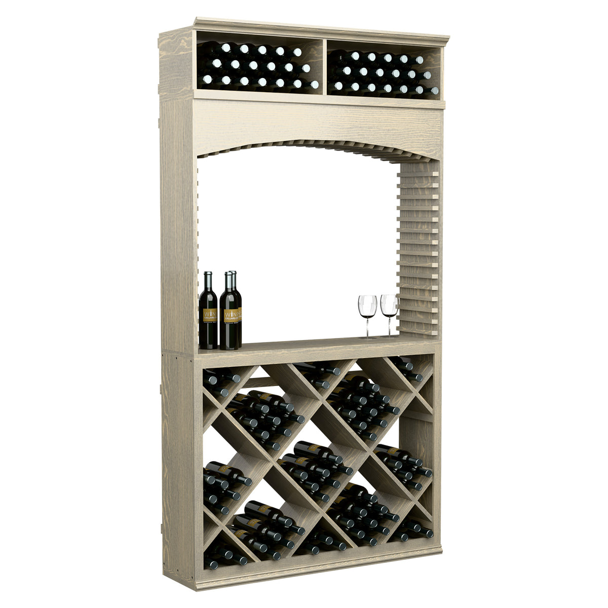 Light wood wine tasting station with arched front, top bottle holder, and crisscross wine racks.
