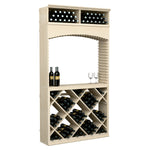 Light wood wine display cabinet with archway, top bottle row, and diagonal crisscross racks.