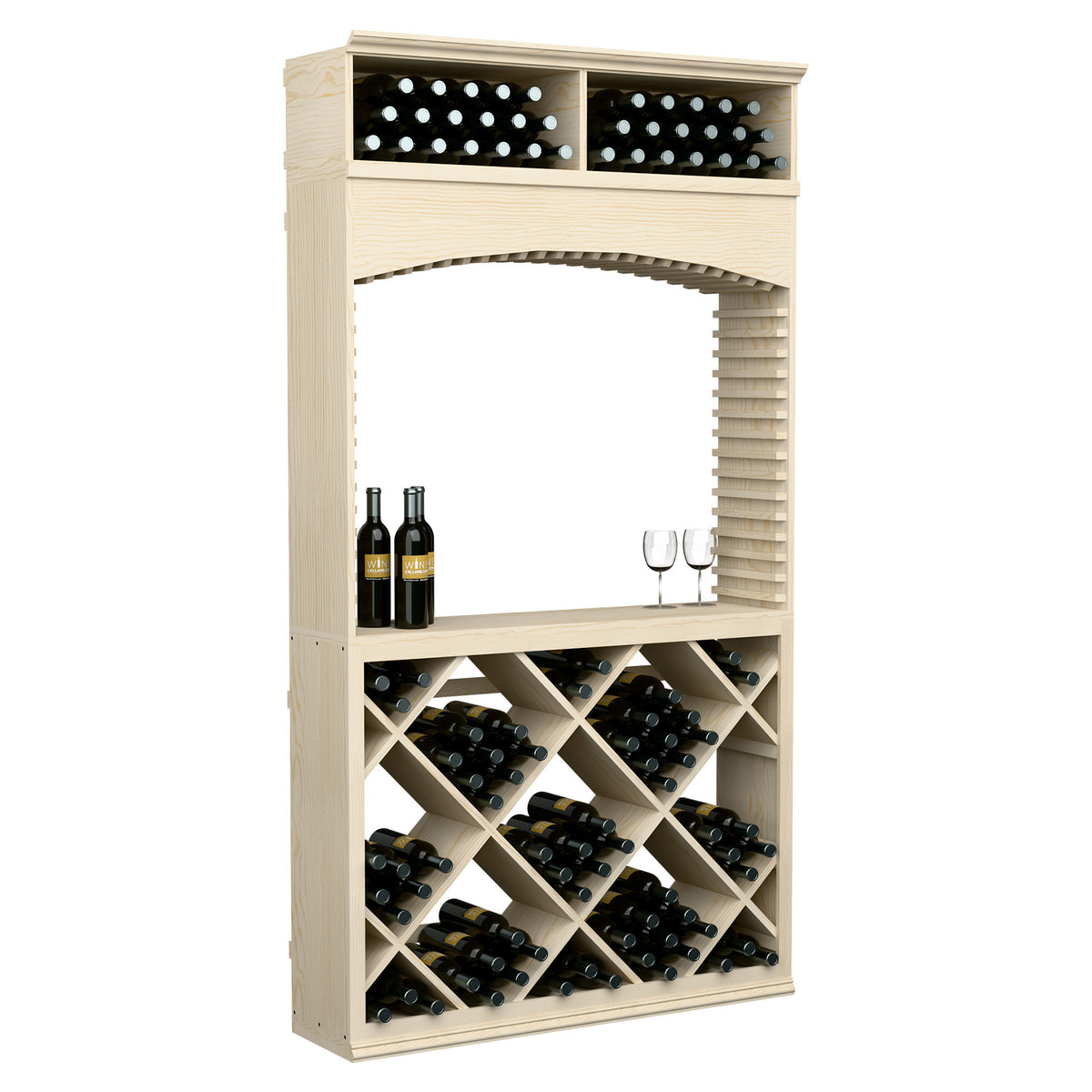 Light wood wine display cabinet with archway, top bottle row, and diagonal crisscross racks.