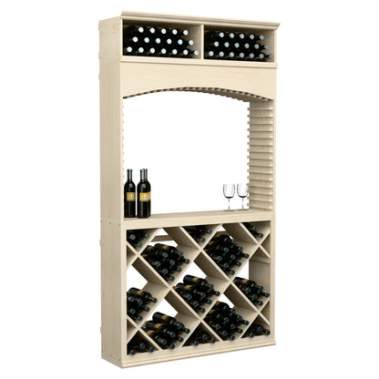 Light wood wine display cabinet with archway, top bottle row, and diagonal crisscross racks.
