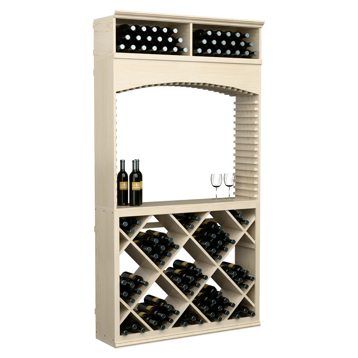 Whitewashed wine tasting station with arched opening, bottle row on top, and wine bottle racks.