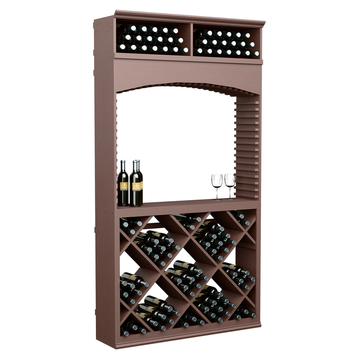 Dark wood wine tasting station with arched opening, top bottle display, and crisscross wine racks.
