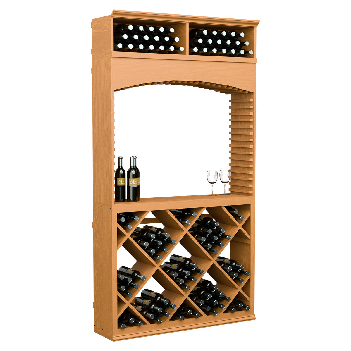 Natural wood wine tasting station with archway, top bottle holder, and crisscross bottle racks.