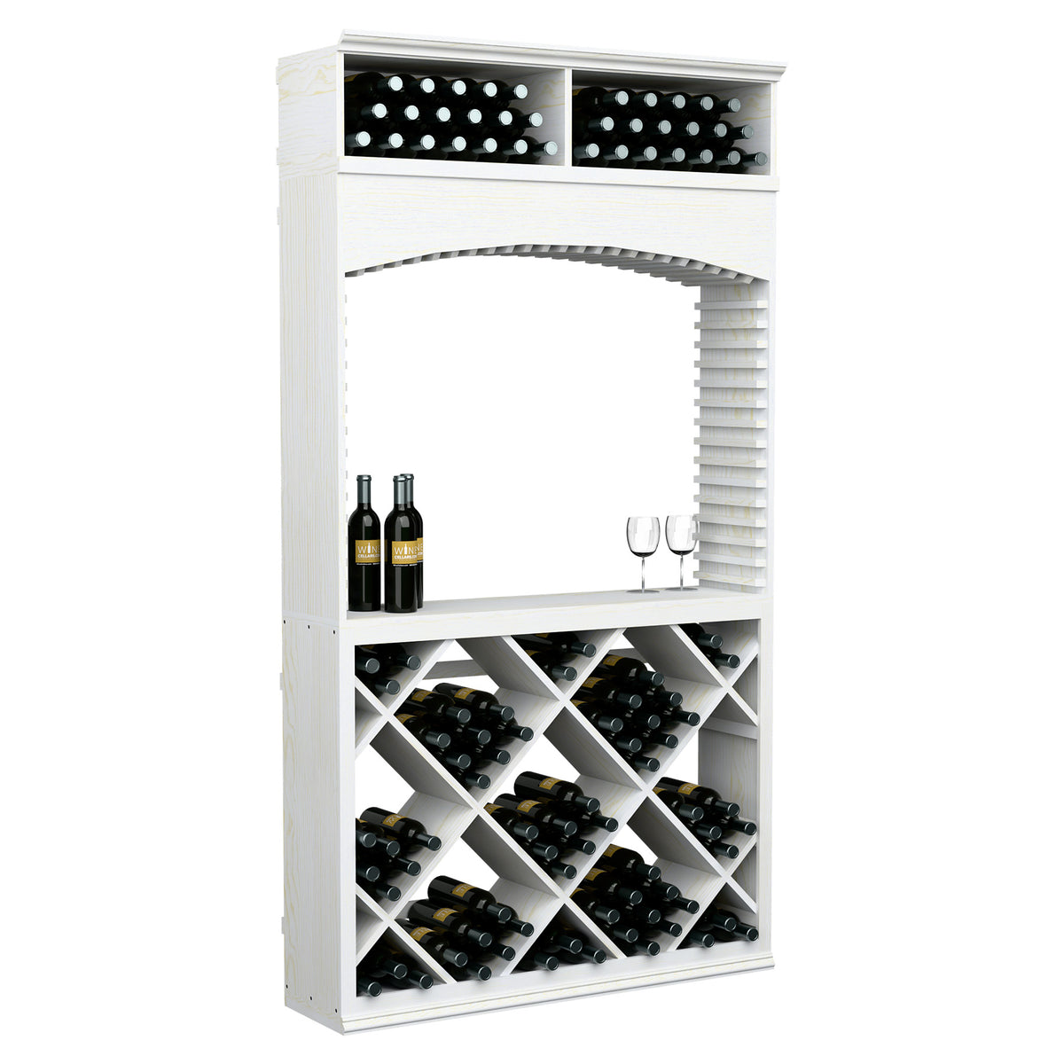 White wine tasting station with arched opening, top bottle storage, and crisscross bottle racks.