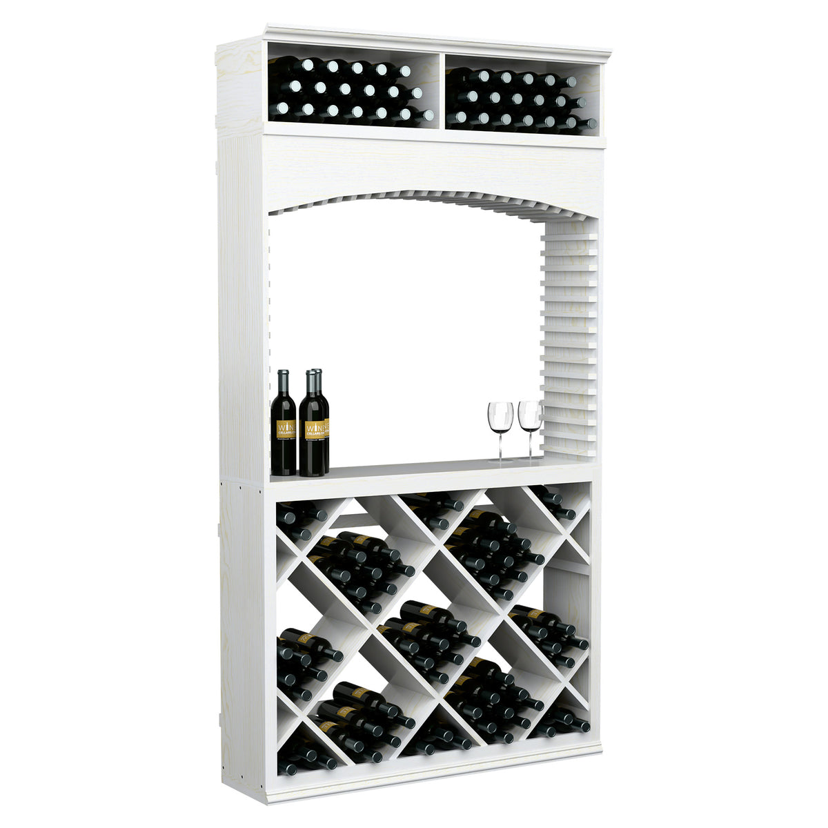 Whitewashed wood wine tasting station with archway, top bottle row, and diagonal bottle racks.
