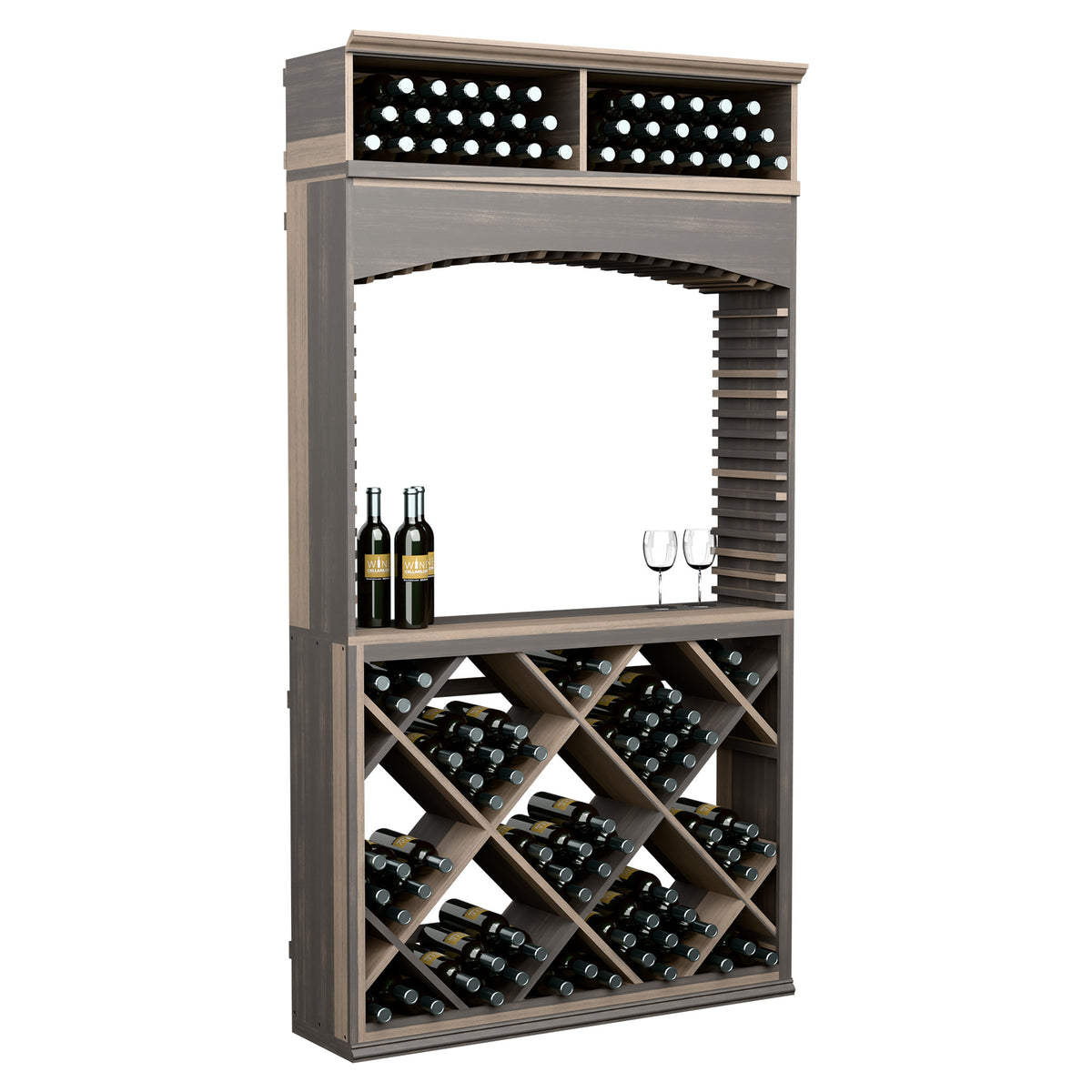 Gray wine tasting station with archway, bottle racks, and top storage bins