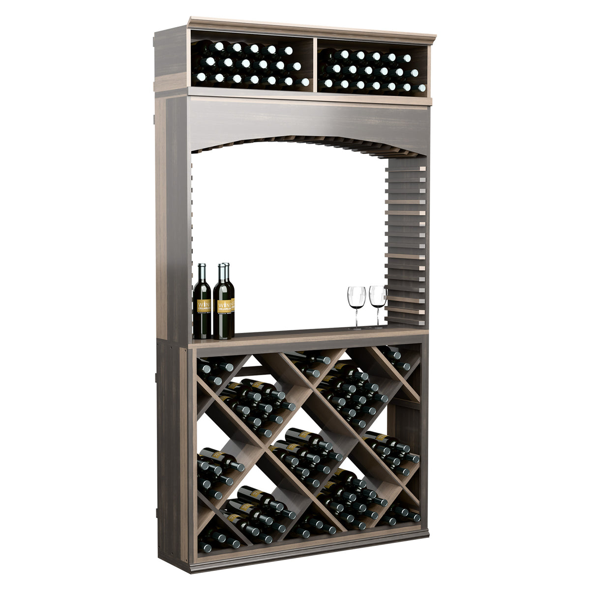 Gray wine tasting station with arched opening, bottle display racks, and wine glass