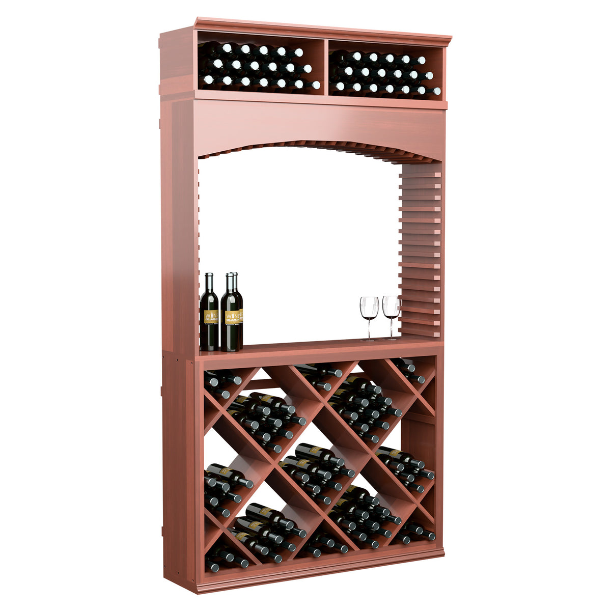 Red wine tasting station with arched doorway, bottle racks, and stemmed wine glass