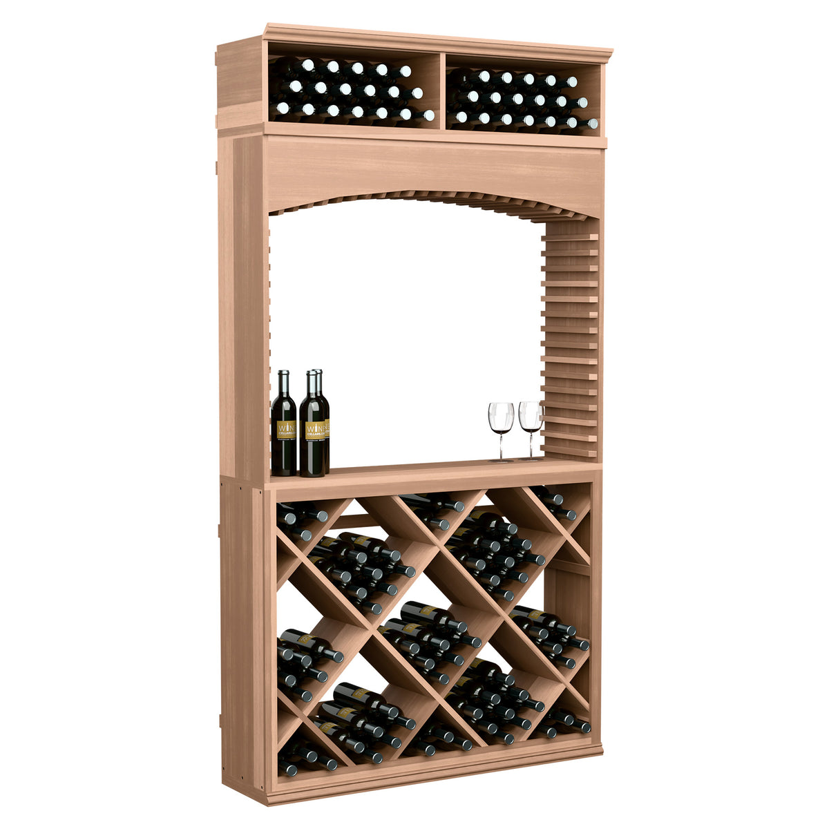 Natural wood wine tasting station with archway, bottle display racks, and top bins
