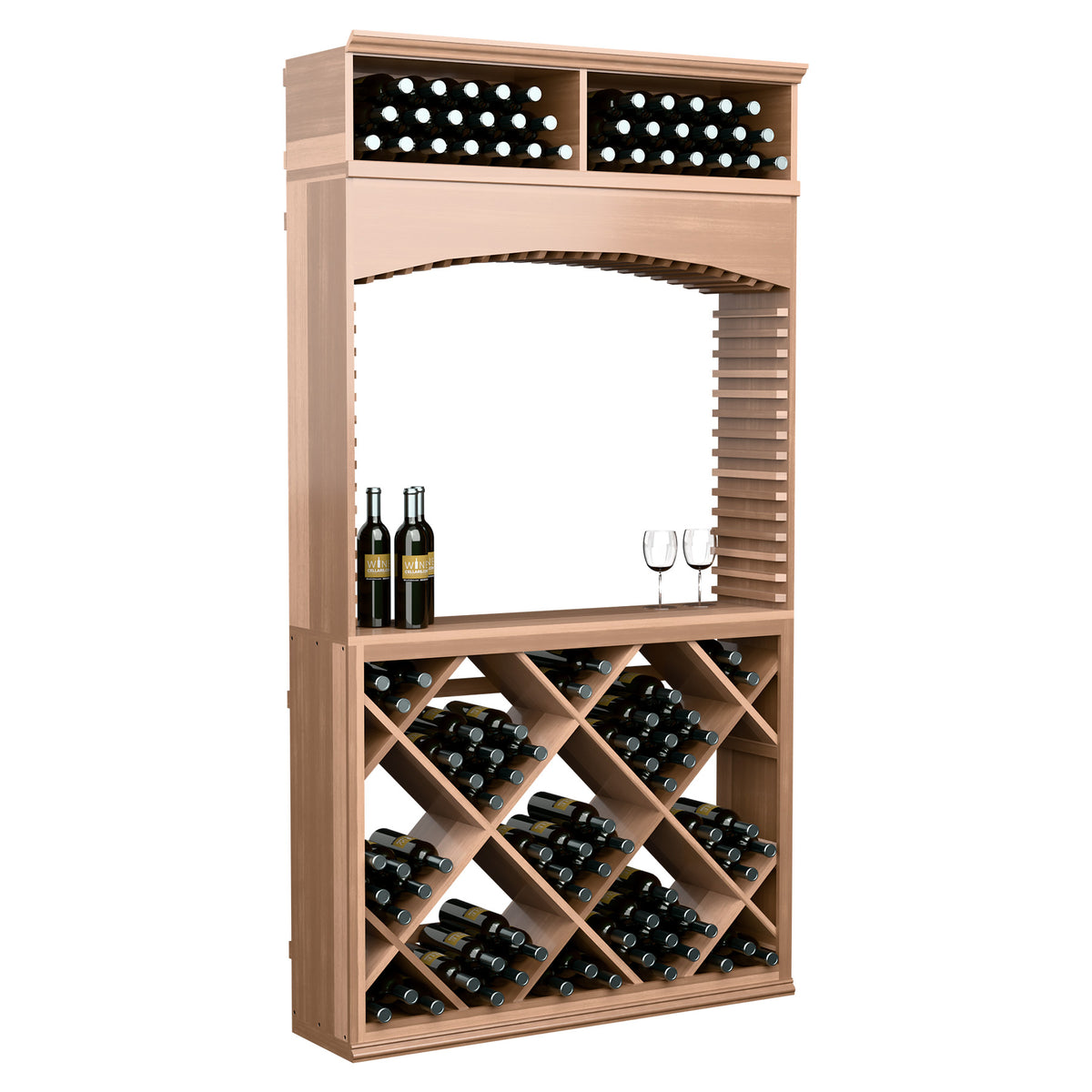 Light wood wine tasting station with arched entry, crisscross bottle racks, and glass