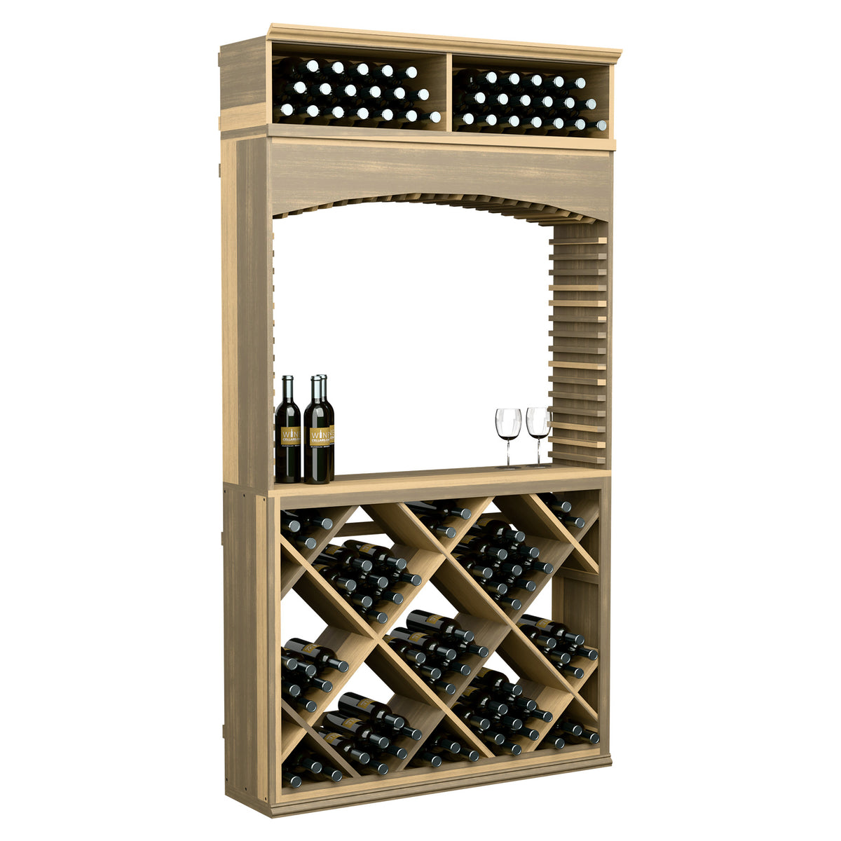 Light wood wine tasting station with archway, top bottle bins, and front display racks
