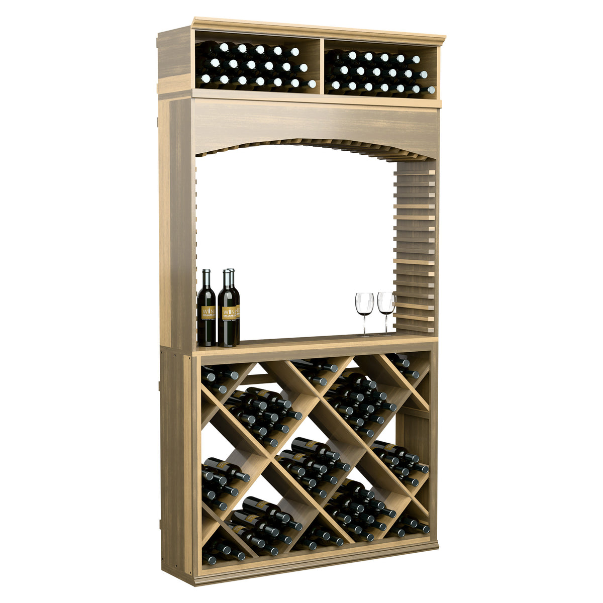 Light wood wine tasting station with arched opening, wine bottle racks, and top bins