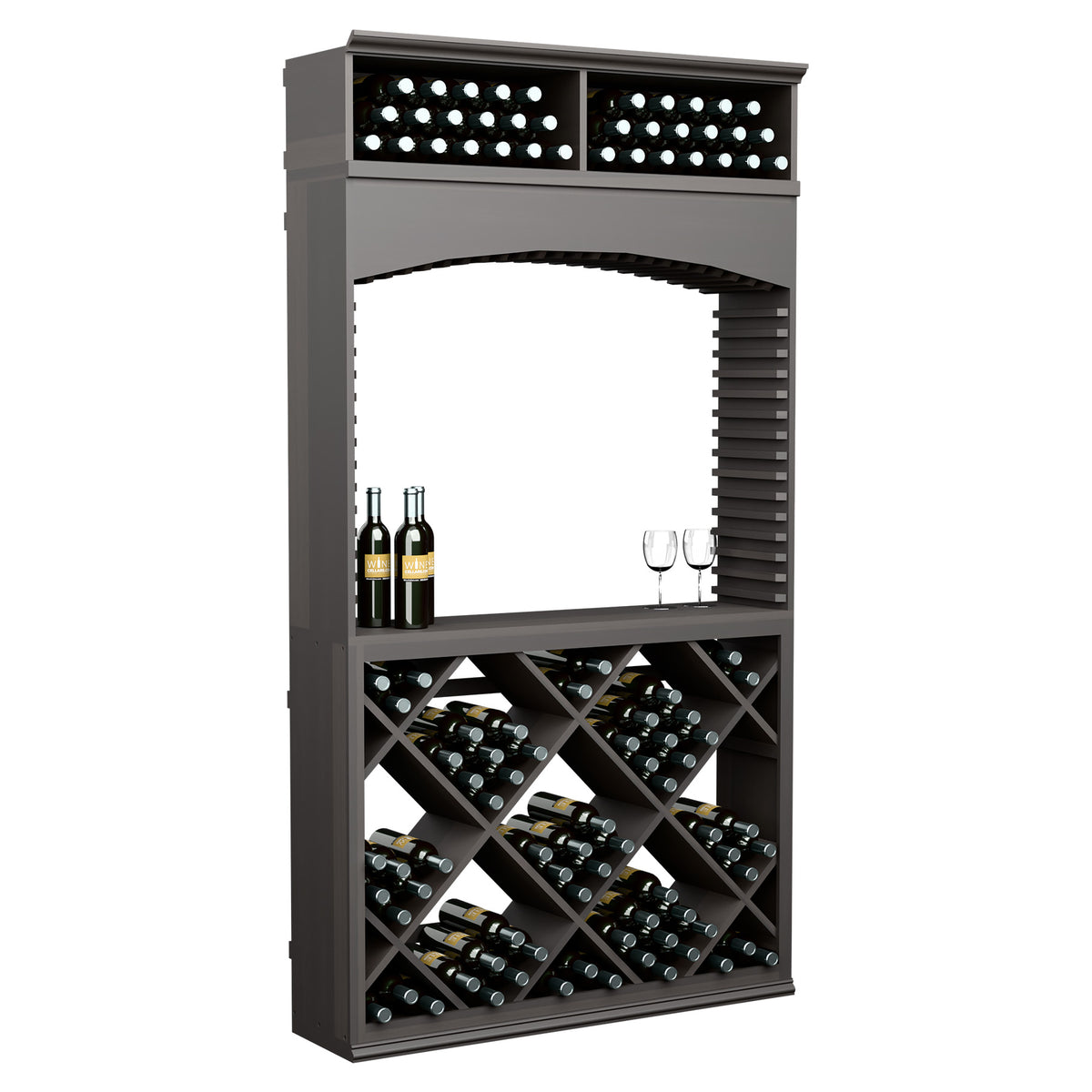 Dark gray wine tasting station with archway, bottle racks, and top storage bins