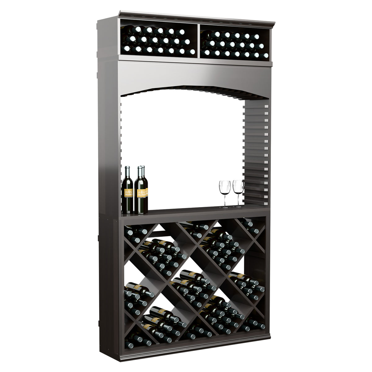 Dark gray wine tasting station with arched opening, bottle display racks, and wine glass