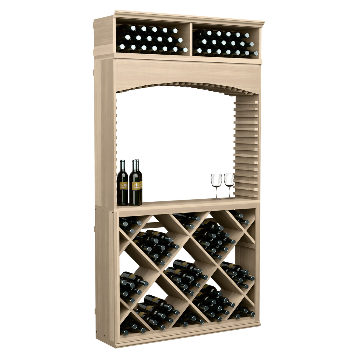 Wine tasting cabinet with archway, bottle racks, and top wine storage bin