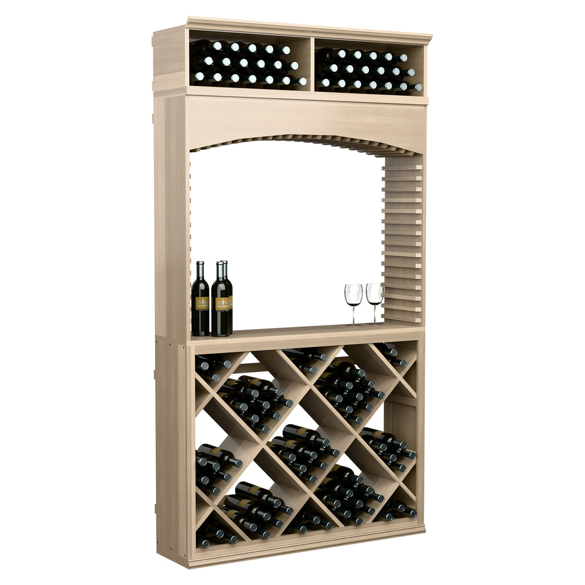 Wine tasting cabinet with archway, bottle racks, and top wine storage bin